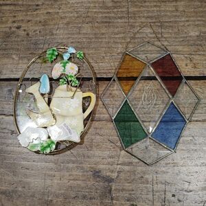 TWO Stained Glass Floral Sun Catcher Garden Owl Hanging Vintage Metal Window